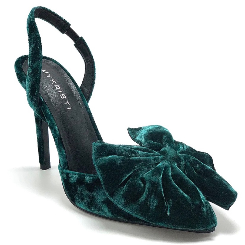 Emerald Green Velvet Bow Slingback High Heel